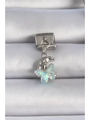 316L Çelik Gümüş Renk Sallantılı Mavi Kelebek Hilal Figür Nomination Charm