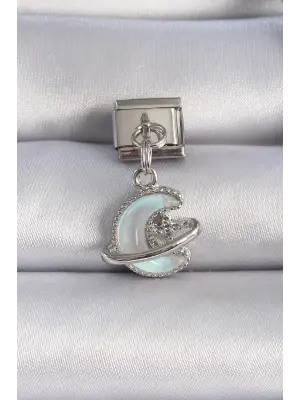 316L Çelik Gümüş Renk Sallantılı Mavi Mineli Hilal Figür Zirkon Taş Detaylı Nomination Charm