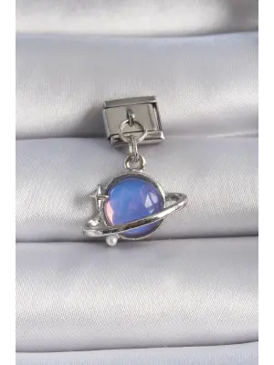 316L Çelik Gümüş Renk Sallantılı Mor Mineli Gezegen Figür Nomination Charm