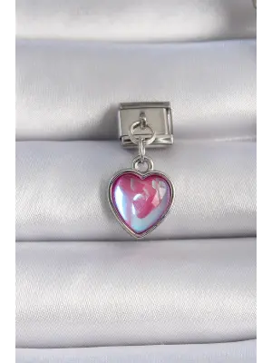 316L Çelik Gümüş Renk Sallantılı Pembe Mineli Kalp Figür Nomination Charm