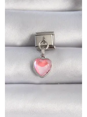 316L Çelik Gümüş Renk Sallantılı Pembe Mineli Kalp Figür Nomination Charm
