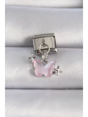 316L Çelik Gümüş Renk Sallantılı Pembe Mineli Yıldız Detaylı Nomination Charm