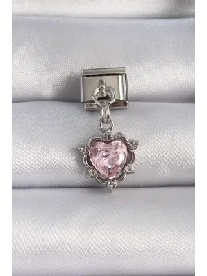 316L Çelik Gümüş Renk Sallantılı Pembe Zirkon Taşlı Kalp Nomination Charm