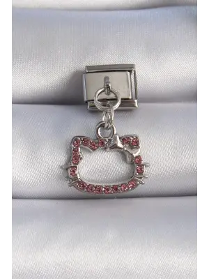 316L Çelik Gümüş Renk Sallantılı Pembe Zirkon Taşlı Kedi Figür Nomination Charm