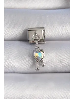 316L Çelik Gümüş Renk Sallantılı Zirkon Taş Kalp Figür Nomination Charm