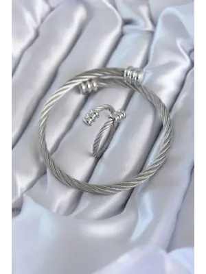 316L Çelik Gümüş Renk Sarmal Model Erkek Bileklik Yüzük Kombini