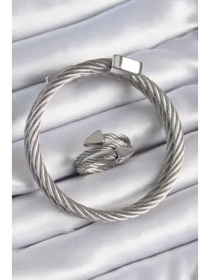 316L Çelik Gümüş Renk Sarmal Model Erkek Bileklik Yüzük Kombini