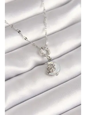 Gümüş Sedefli Ay Figür Kelebek Model Çelik Kolye