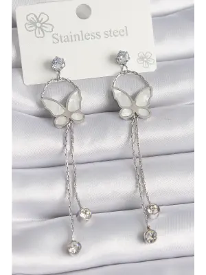   Gümüş Sedefli Kelebek Model Sallantı Zirkon Taşlı Çelik Küpe