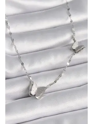  Gümüş  Simli Kelebek Model  Çelik Kolye