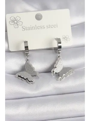   Gümüş Simli Kelebek Model Çelik Küpe