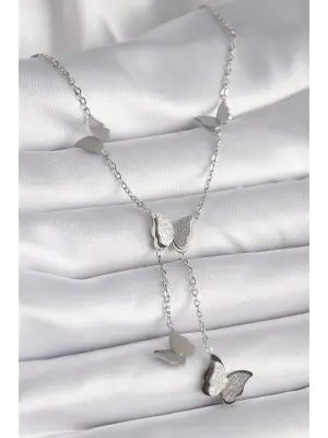  Gümüş  Simli Kelebek Sallantılı Model  Çelik Kolye