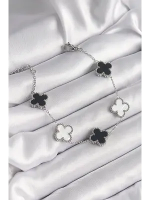 316L Çelik Gümüş Renk Siyah Beyaz Yonca Model Kadın Bileklik