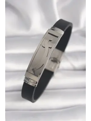 316L Çelik Gümüş Renk Siyah Deri Kordon Zülfikar İşleme Erkek Bileklik