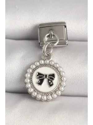 316L Çelik Gümüş Renk Siyah Fiyonk İşlemeli İnci Detaylı Nomination Charm