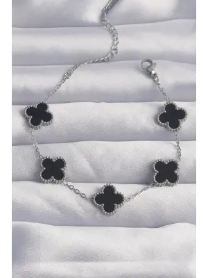 316L Çelik Gümüş Renk Siyah Mineli Yonca Bileklik