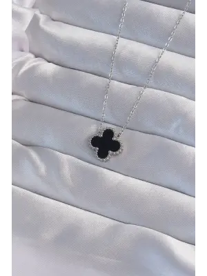  Gümüş  Siyah Mineli Yonca Çelik Kolye