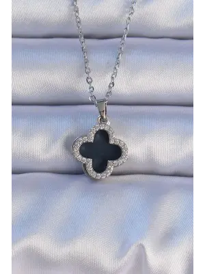  Gümüş  Siyah Mineli Zirkon Taşlı Yonca Figürlü Çelik Kolye