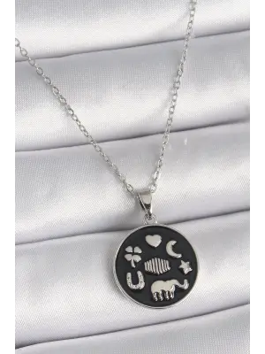  Gümüş  Siyah  Şans Çelik Kolyesi