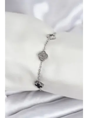 316L Çelik Gümüş Renk Siyah ve Zirkon Taşlı Baby Boy Yonca Kadın Bileklik