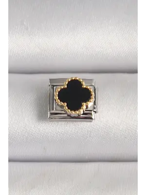 316L Çelik Gümüş Renk Siyah Yonca İşlemeli Nomination Charm