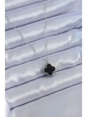 316L Çelik Gümüş Renk Siyah Yonca Model Kadın Kolye