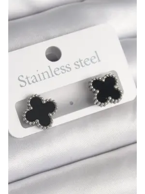   Gümüş Siyah Yonca Model Çelik Küpe