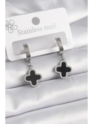   Gümüş Siyah Yonca Model Çelik Küpe