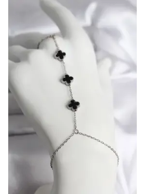 316L Çelik Gümüş Renk Siyah Yonca Model Kadın Şahmeran