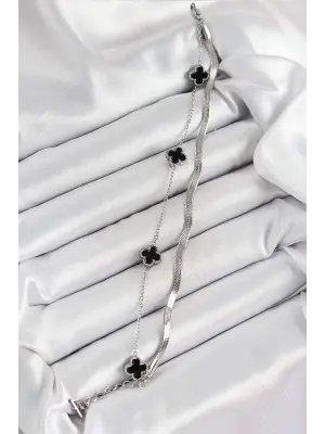 316L Çelik Gümüş Renk Siyah Yoncalı İtalyan Zincirli 2li Kadın Bileklik