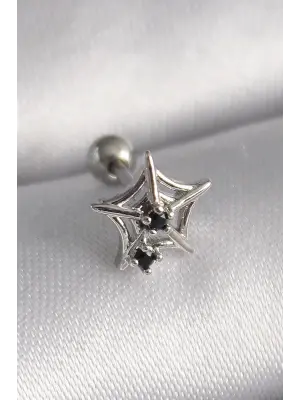 316L Çelik Gümüş Renk Siyah Zirkon Taş Detay Örümcek Ağ Model Tragus Piercing