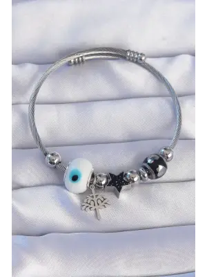 316L Çelik Gümüş Renk Siyah Zirkon Taşlı Yıldız Tasarımlı Ağaç Detay Nazarlı Charm Bileklik