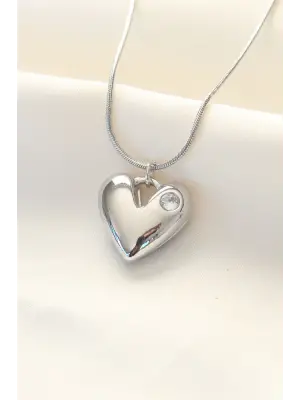  Gümüş  Tek Taşlı Kalp Çelik Kolye