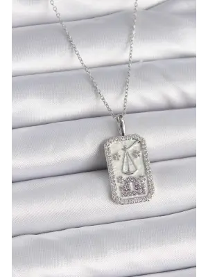  Gümüş  Terazi Burcu Zirkon Taşlı  Çelik Kolye