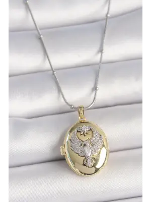 316L Çelik Gümüş Renk Topçuk Detay Zincir Açılır Zirkon Taşlı Anka Kuşu Model Kadın Kolye