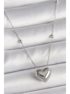  Gümüş  Topçuk Detay Zincir Kalp Model  Çelik Kolye