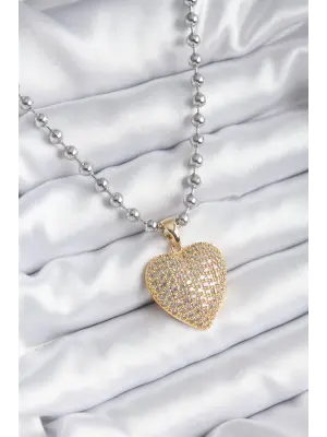  Gümüş  Topçuk Zincir Altın Zirkon Taşlı Kalp Tasarım 