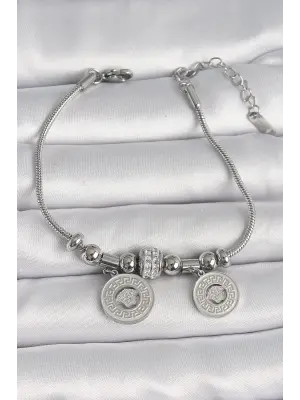 316L Çelik Gümüş Renk Tüp Zincir Madalyon Model Zirkon Taş Detaylı Kadın Bileklik