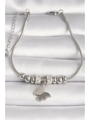 316L Çelik Gümüş Renk Tüp Zincir Model Zirkon Taş Detaylı Sallantı Simli Kelebek Figür Kadın Bileklik