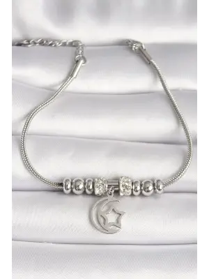 316L Çelik Gümüş Renk Tüp Zincir Zirkon Taş Detaylı Sallantı Ay Yıldız Figür Kadın Bileklik