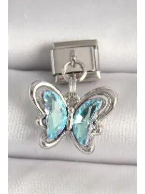 316L Çelik Gümüş Renk Turkuaz Zirkon Taşlı Kelebek Model Nomination Charm