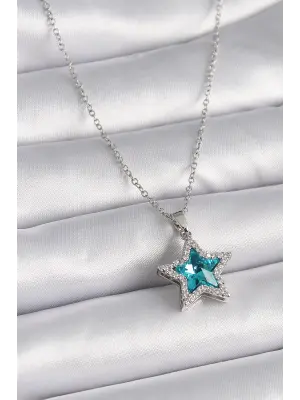  Gümüş  Turkuaz Zirkon Taşlı Yıldız Model  Çelik Kolye