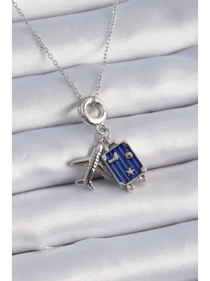  Gümüş  Uçak Bavul Figür Charm Model  Çelik Kolye