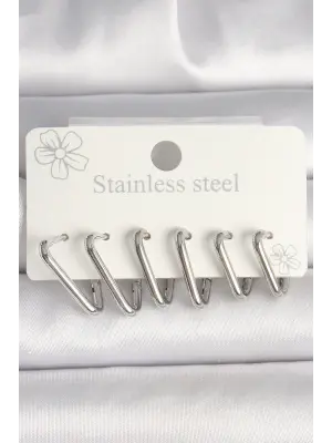 316L Çelik Gümüş Renk Üçgen Model Kadın Küpe Seti