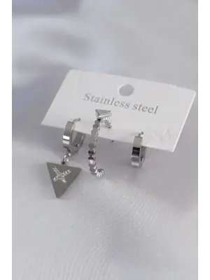 316L Çelik Gümüş Renk Üçgen Model Zirkon Taş Detay Kadın Küpe Kombini