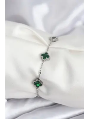 316L Çelik Gümüş Renk Yeşil Baby Boy Yonca Kadın Bileklik