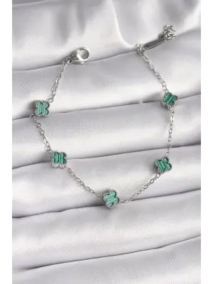316L Çelik Gümüş Renk Yeşil Baby Boy Yonca Model Kadın Bileklik