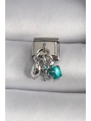 316L Çelik Gümüş Renk Yeşil Kaplumbağa Model Nomination Charm