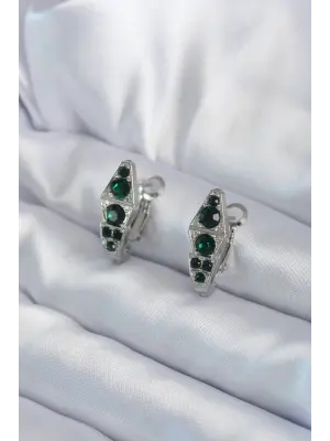   Gümüş Yeşil Kristal Taş İşleme Yılan Model Çelik Küpe