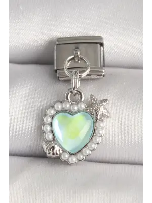316L Çelik Gümüş Renk Yeşil Mineli Kalp Model Deniz Yıldız Detay Nomination Charm